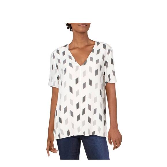 Theory White A-Line Brush Printed V- Neck Silk Blouse Size Small - Picture 1 of 7